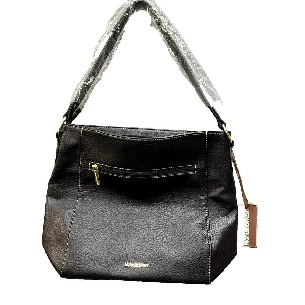 Montana West Hobo Bag Women Vegan Leather Pebbled Black  Zip Closure ‎ Purse